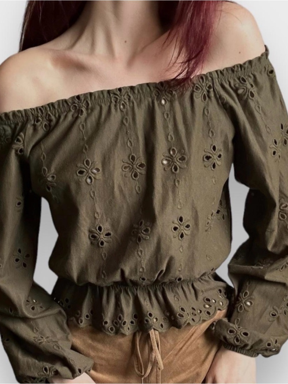 H&M Olive Green Off-Shoulder Eyelet Blouse
